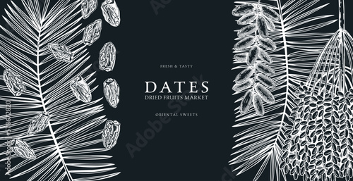 Hand drawn border design with date palm leaves and ripe fruit illustrations. Healthy food ingredients sketches isolated on chalkboard. Oriental sweets vector background. Vintage dried dates background