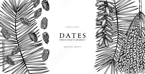 Healthy food background with dates palm leaves and dried fruits sketches. Hand drawn oriental sweets border design isolated on white backdrop. Vintage ripe dates banner template in vintage style
