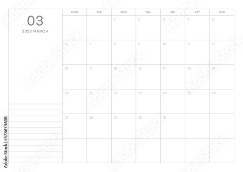 March 2023 simple design digital and printable calendar template illustration. Notes, scheduler, diary, calendar, memo, planner document template background. © Tuesday04