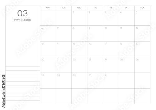 March 2023 simple design digital and printable calendar template illustration. Notes, scheduler, diary, calendar, memo, planner document template background. 