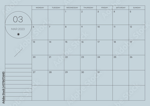March 2023 simple design digital and printable calendar template illustration. Notes, scheduler, diary, calendar, memo, planner document template background. 