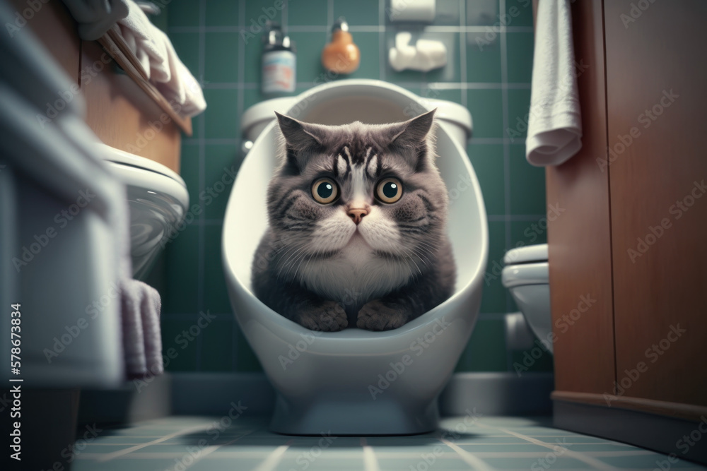 Cute cat with big eyes sits on the toilet in the bathroom. Generative ...
