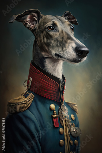 Painting portrait of a greyhound dog wearing an historical military uniform, Generative AI © derf