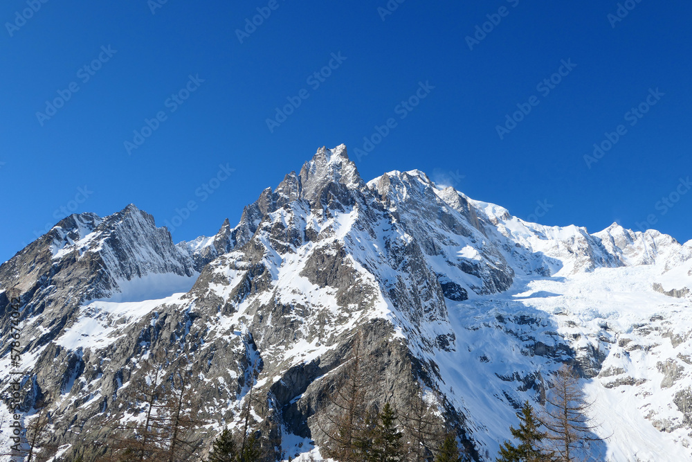 Mont Blanc mountain view from piste in Courmayeur ski resort. Italian Alps, Aosta Valley.