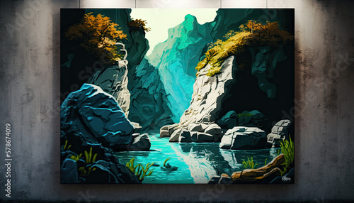 painting of a Natural archipelago made of fractal rock formations, with crystal clear waters and lush vegetation - Generative AI