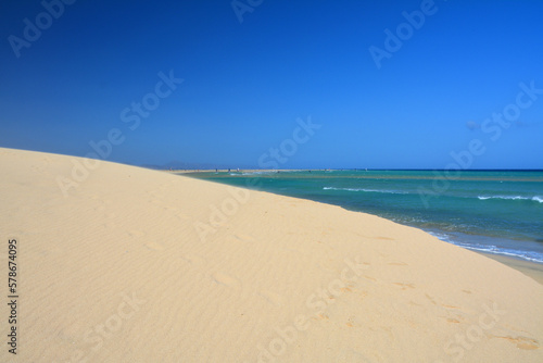 Dune at Sotavento beach and lagoon at Fuerteventura island in Canary Islands  Spain.