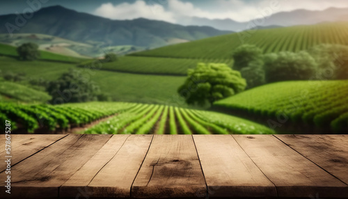 Wooden planks on background of picturesque tea plantation. Based on Generative AI photo