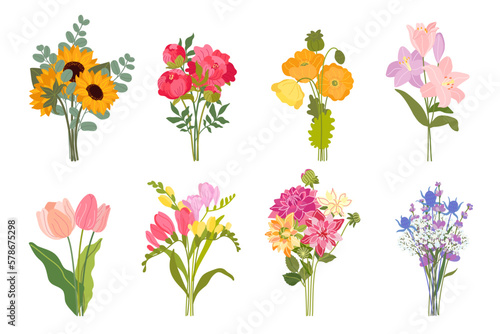 Cute spring and summer bouquets set with cartoon tulips, peonies, sunflowers, eucalyptus, gypsophila, freesia, lavender, poppies, lilies and dahlias isolated on white background. Vector illustration. 
