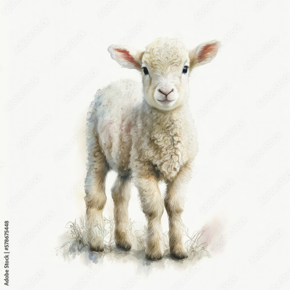 Fototapeta premium Isolated Baby Sheep on White Backdrop Watercolor-Style Illustration [Generative AI]