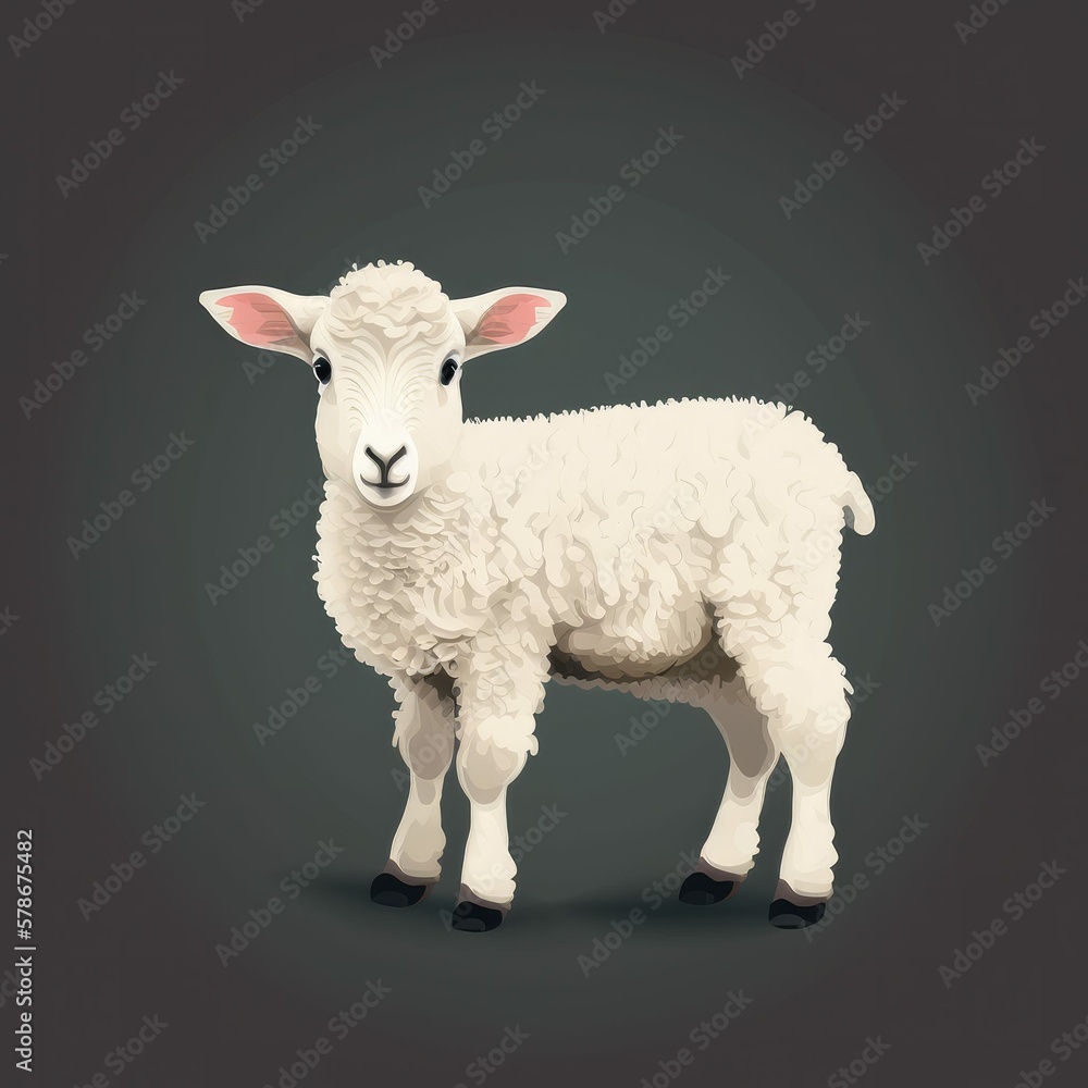 Fototapeta premium White Lamb on Plain Black Background, Cute Baby Sheep Illustration [Generative AI]