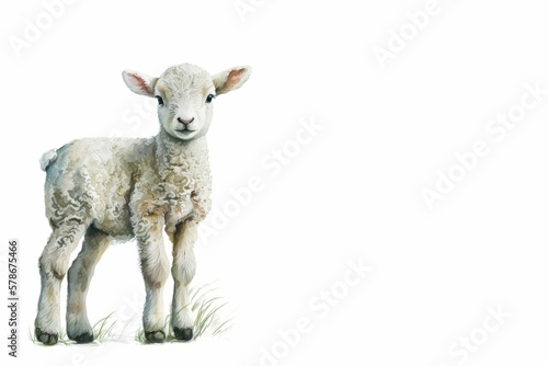 Cute White Lamb with Copy Space  Watercolor-Style Illustration  Generative AI 