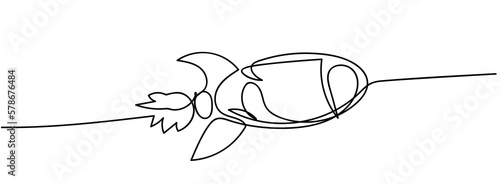 One continuous line drawing of simple retro spacecraft flying up to the outer space nebula. Rocket space ship launch into universe concept. Dynamic single line draw design vector graphic illustration