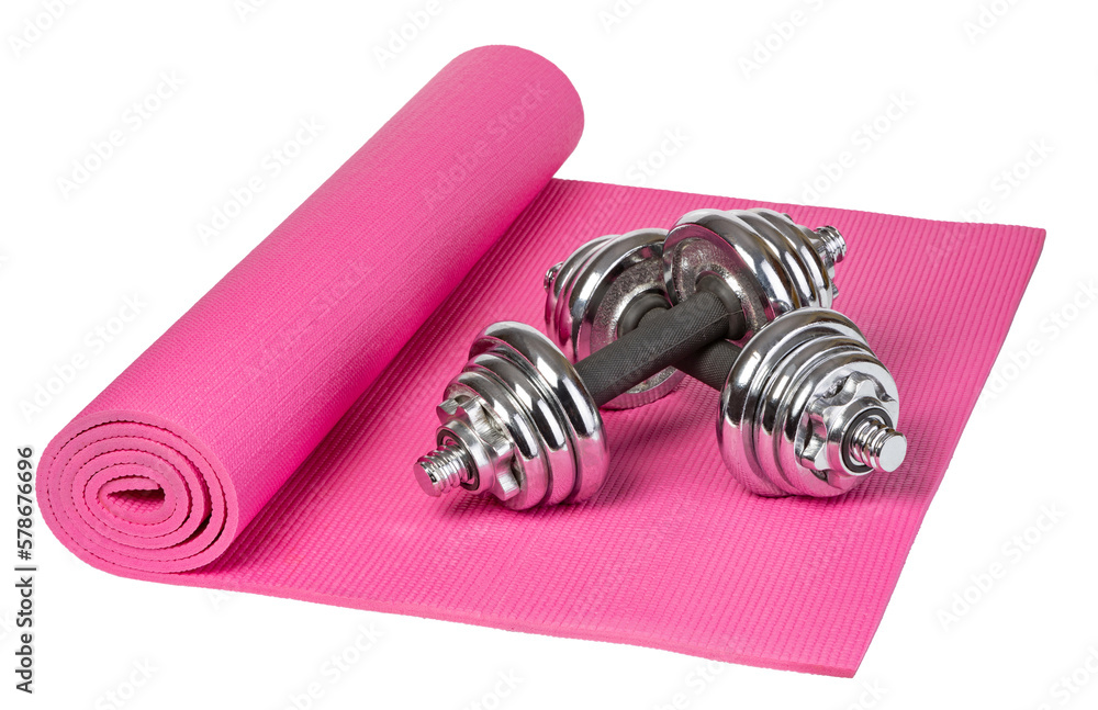Yoga mat and dumbbells on transparent background. png file - obrazy, fototapety, plakaty 