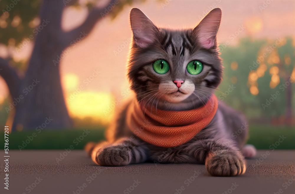 Cute cat with big green eyes in scarf at sunset. Beautiful pussycat lying on street in park. Generative AI.