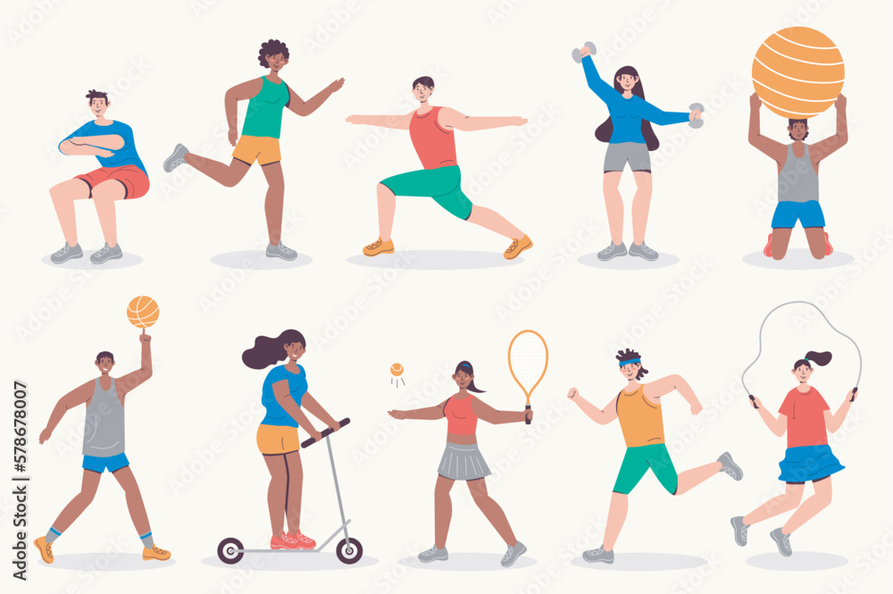 People do fitness set in flat design. Men and women running, exercising with dumbbells and balls, rope jump, yoga asanas. Bundle of diverse characters. Vector illustration isolated persons for web