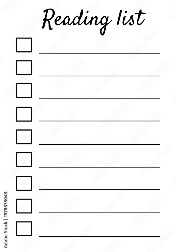 Reading list on white background. Blank sheet of paper. Organization Reading list on white background. Blank sheet of paper. Organization