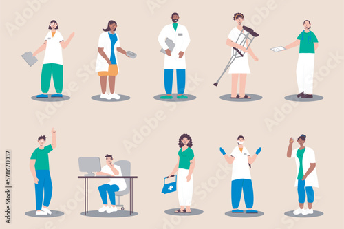 Medical staff people set in flat design. Men and women work in hospital  nurses and doctors  dentists  physicians and other. Bundle of diverse characters. Vector illustration isolated persons for web