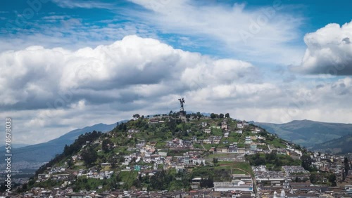 Aerial timelapse of Angel de la Virgen de Quito at the top of the hill. Quito, Ecuador