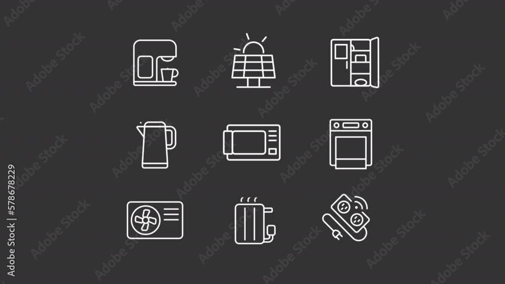 Animated appliances white line icons. Domestic devices. Smart home and IoT. Loop HD video with alpha channel on transparent background, black solid background. Outline motion graphic animation Animated appliances white line icons. Domestic devices. Smart home and IoT. Loop HD video with alpha channel on transparent background, black solid background. Outline motion graphic animation