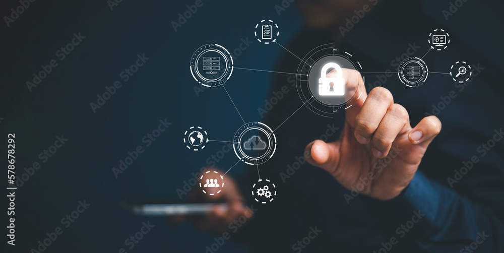 Cybersecurity and privacy concepts to protect data. Lock icon and internet network security technology. Businesswoman protecting personal data on smart phone with virtual screen interfaces. Cybersecurity and privacy concepts to protect data. Lock icon and internet network security technology. Businesswoman protecting personal data on smart phone with virtual screen interfaces.
