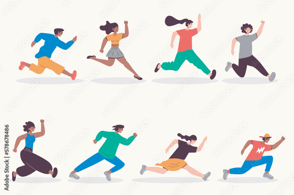 People running set in flat design. Happy men and women run and hurry, sport competition or aspiration direction metaphor. Bundle of diverse characters. Vector illustration isolated persons for web