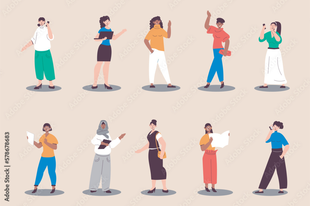 Businesswoman people set in flat design. Happy women making business calls, doing tasks, negotiation in office. Bundle of diverse multiracial characters. Vector illustration isolated persons for web