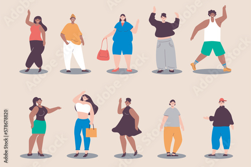 Body-positive people set in flat design. Women and men in modern plus-size outfits and different figure types. Bundle of diverse multiracial characters. Vector illustration isolated persons for web
