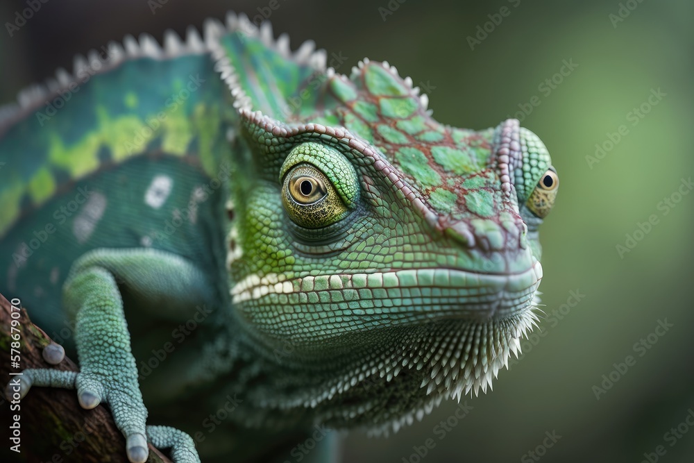 Obraz premium Image of a veiled chameleon, or chamaeleo calyptratus, in close focus. Generative AI