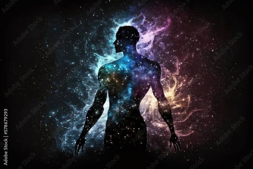 Fototapeta premium body silhouette with space and galaxy background, milky way, spiritual life and belief, Made by AI, Artificial intelligence