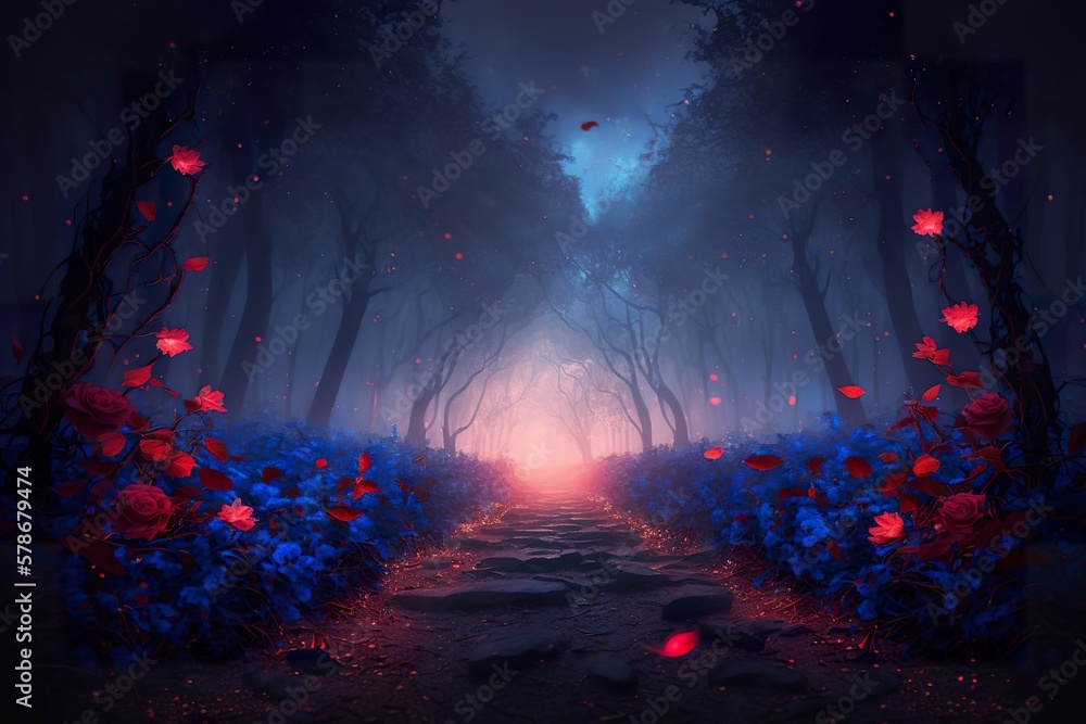 Dark luminous roses forest created with Generative AI 