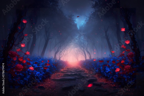 Dark luminous roses forest created with Generative AI  © Soulmate