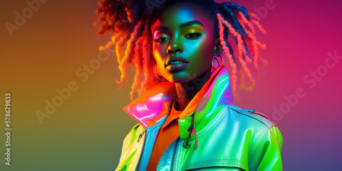 A fashion portrait of a young back woman wearing bright clothes with neon florescent lighting. Generative ai