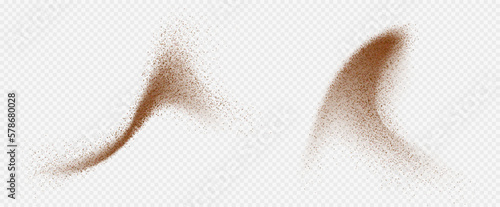 Flying coffee or chocolate powder, dust particles in motion, ground splash isolated on light background. Vector illustration.
