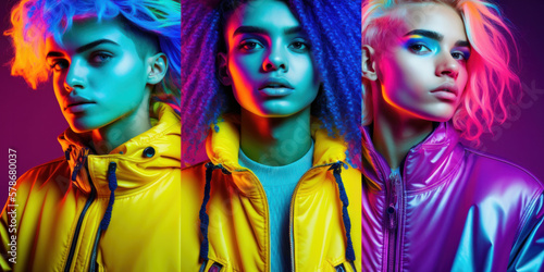 group of young women wearing bright neon clothes and fluorescent lighting. Generative ai