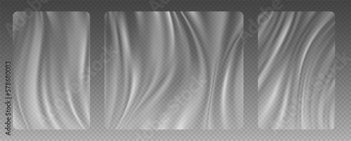 Plastic film, realistic stretch wrap, wrinkled polyethylene texture, cellophane overlay effect. Transparent PVC package. Vector illustration.