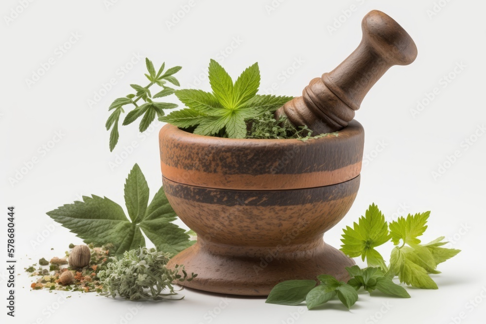Isolated against a white background, a mortar and pestle containing medicinal plants. This is a fantastic vantage point. Concept of herbal remedies. Generative AI