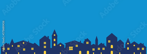 paese, case, concetto di comunità con luci accese alle finestre