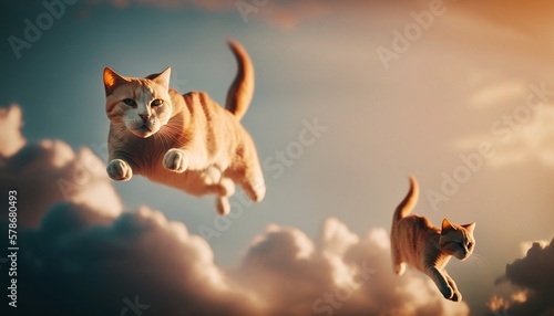Cats Flying Through the Clouds at golden hour. Bright sunlight and blue sky. Generative AI.