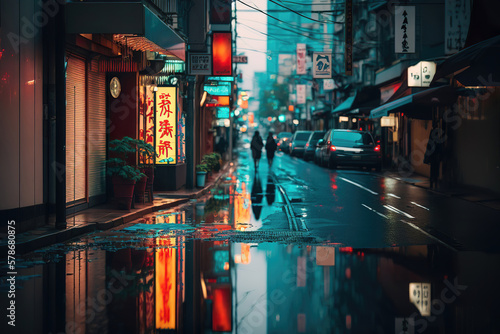 neon light night street in the city of tokyo after rain, generative ai