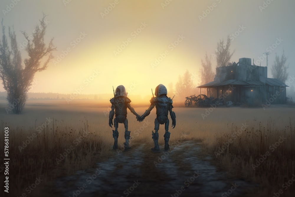 Two robots holding hands created with Generative AI Two robots holding hands created with Generative AI