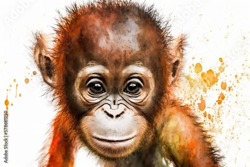 Watercolor cute monkey created with Generative AI  photo