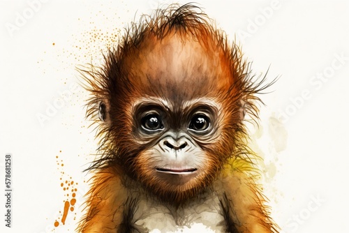 Watercolor cute monkey created with Generative AI  photo