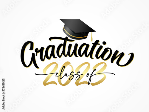 Graduation class of 2023 with square academic cap. 2023 Congratulation Graduate, elegant lettering on on a white background. Vector illustration