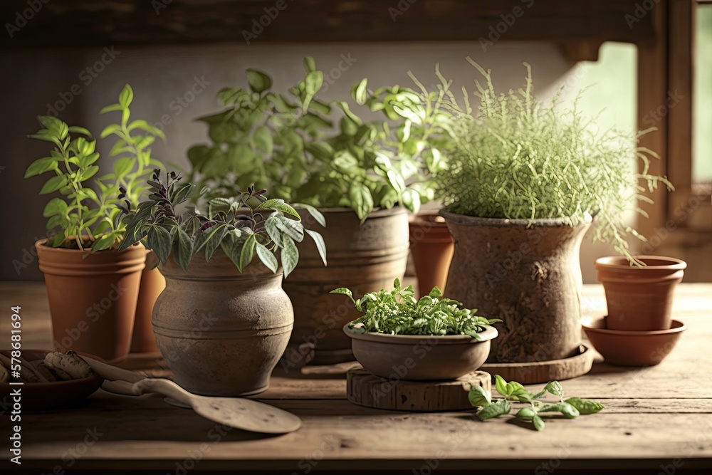 Herbs in pots on a wooden table in the house. Generative AI