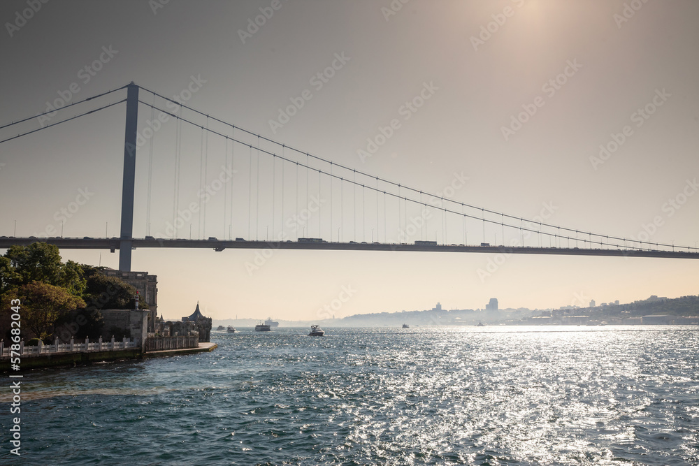 Selective blur on Bosphorus Bridge; also called 15 july martyrs bridge or 15 temmuz sehitler koprusu, seen from below. it's a bridge in Istanbul connecting Asian and European side.