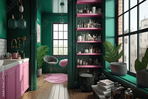 A chic loft bathroom nook with emerald walls, a wooden floor, a pink tub, and black shelves stocked with toiletries. View from the window, albeit slightly blurred. Generative AI photo