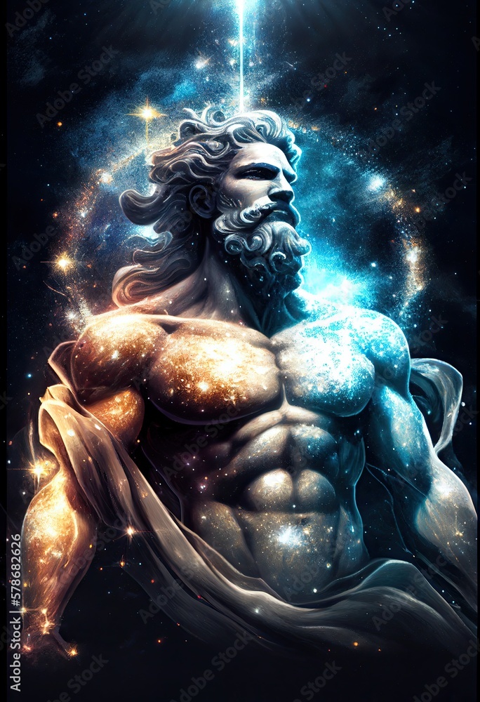 Ancient Greek God with galaxy background. Generative AI illustration