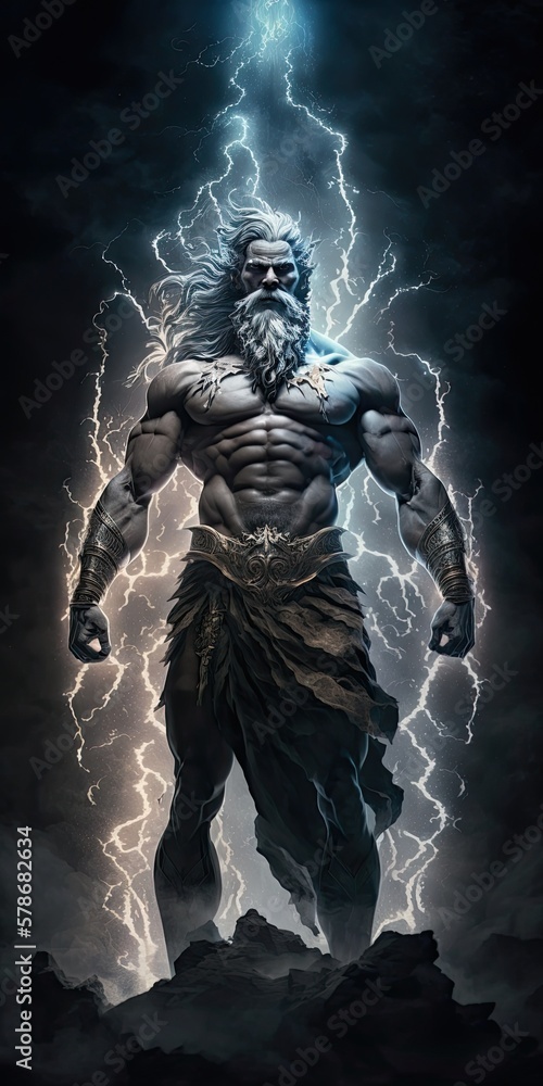 Fototapeta premium Zeus God with thunder background. Generative AI illustration