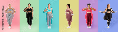 Smiling different slim young women athletes in sportswear, overweight ladies drawn around, doing exercises
