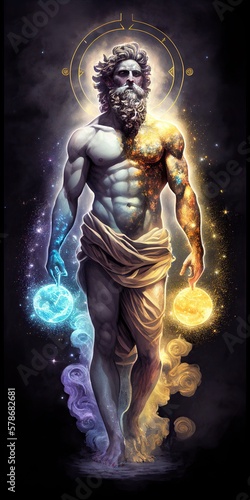 Ancient Greek God with galaxy background. Generative AI illustration